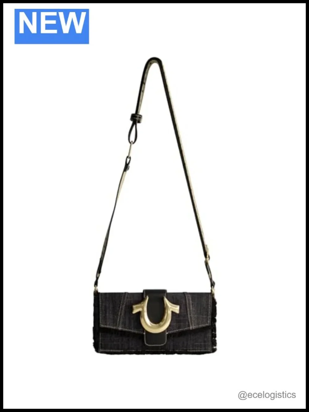 Crossbody Bag with Frayed Denim and Gold Hardware, Adjustable Strap, Magnetic